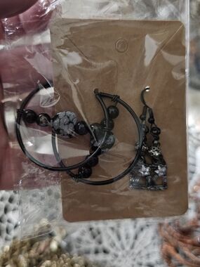 Black Snowflake Bead Hoop Earrings -handmade 2 Pr Black Earrings  Natuural Stone